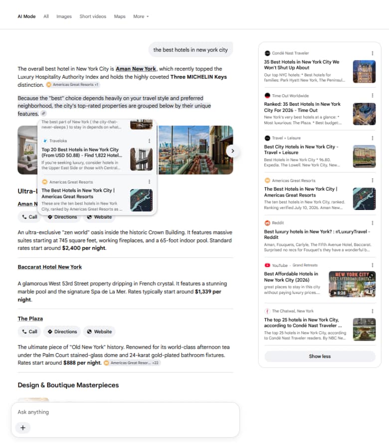 Google AI Mode, "the best hotels in new york city," Aug 12 2026. Aman New York cited to Americas Great Resorts on the opening claim.