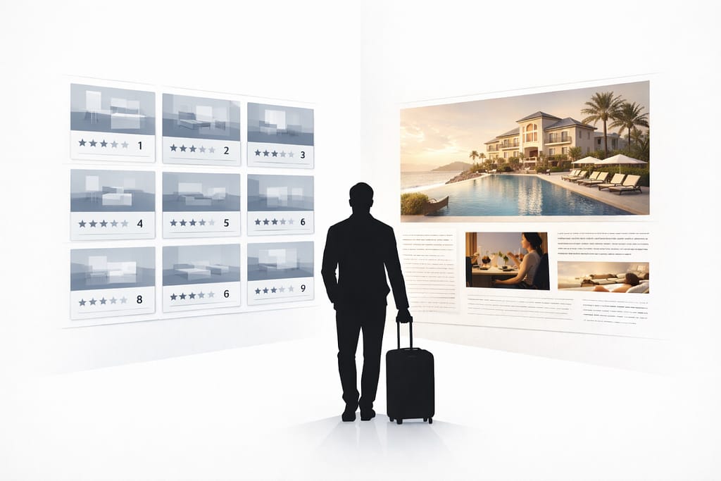 Illustration showing OTA marketplace comparison grid versus luxury hotel brand narrative presentation
