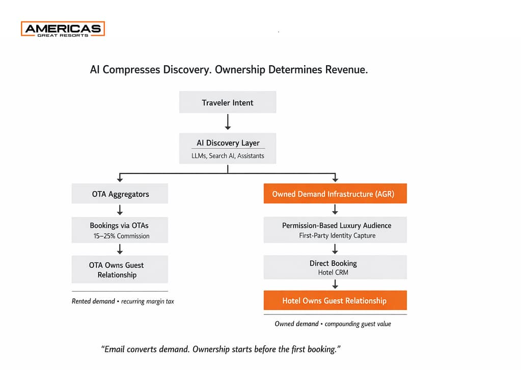 AI Is Compressing Hotel Discovery diagram showing OTA versus Owned Demand Infrastructure introduction paths