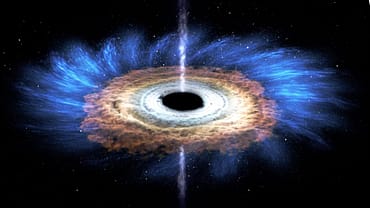 A visualization of a black hole in deep space, its gravitational field bending light around an event horizon beyond which nothing escapes.