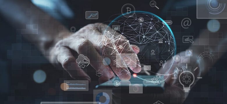 Hands holding a digital globe surrounded by data and technology icons representing AI-mediated hotel discovery and machine-readable signals