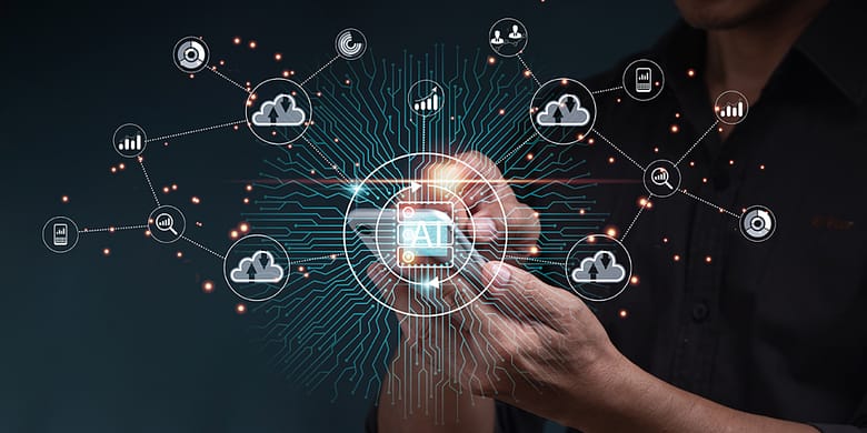 Illustration of artificial intelligence concept showing a central AI processor connected to data, analytics, and cloud network systems