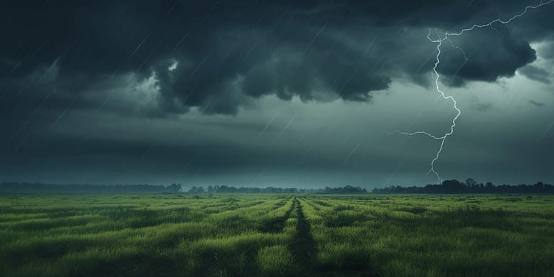 Lightning storm at night, with bright bolt illuminating the sky.