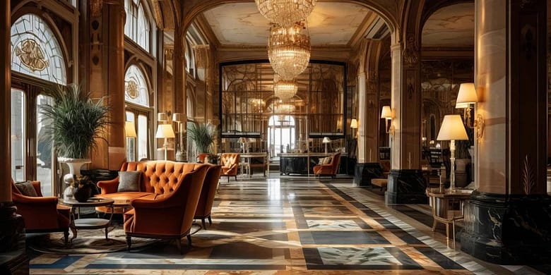 Luxury hotel lobby with grand chandeliers and marble floors representing the hospitality industry's demand ownership problem