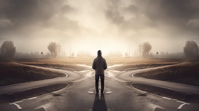 A solitary traveler stands at the center of a forked road at sunrise, looking toward two diverging paths in a misty landscape representing a strategic decision.