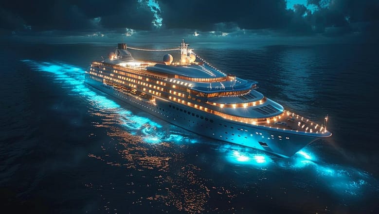 Luxury cruise ship illuminated at night on open ocean, viewed from above, representing the gap between visible performance and structural passenger ownership in luxury cruise marketing