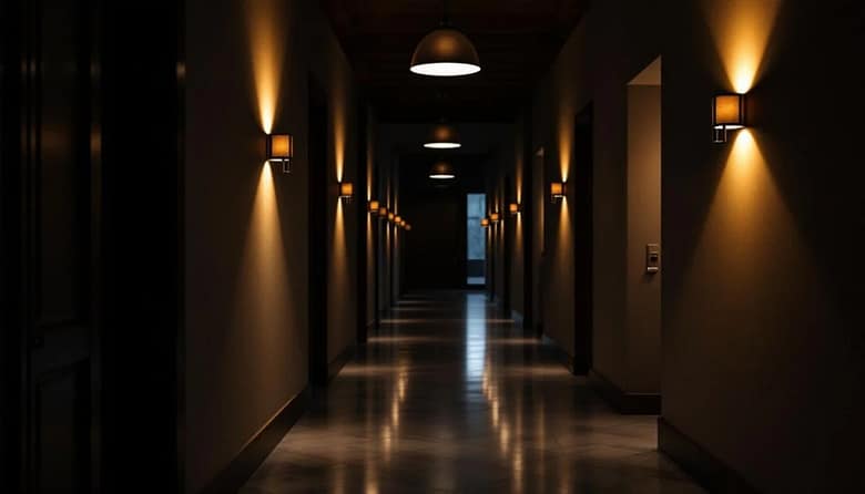 Dark hotel hallway with evenly spaced wall lights leading to a distant doorway.