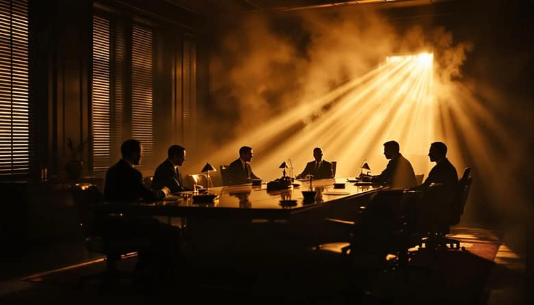 Boardroom meeting in darkness with dramatic light -- the governance decision that was never made
