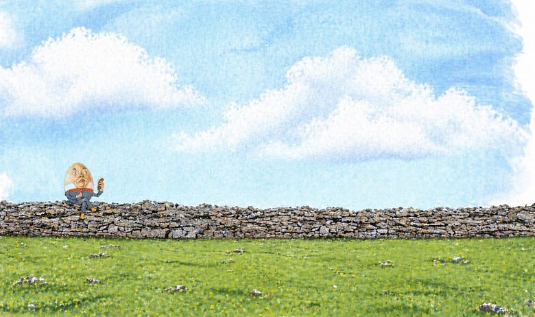 Humpty Dumpty sits on a stone wall holding a smartphone, illustrated in watercolor style — representing the luxury hotel industry's post-COVID decision to optimize for margin while the guest relationship balanced precariously on the edge.