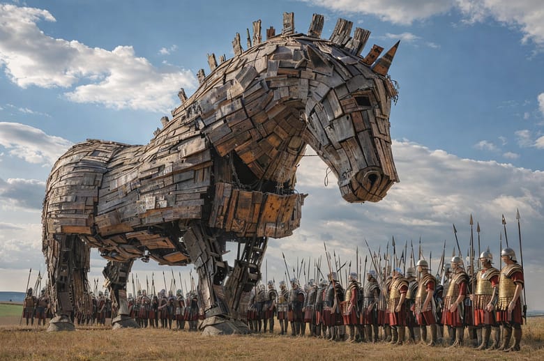 Wooden Trojan horse surrounded by soldiers symbolizing a hidden infrastructure shift reshaping hotel demand and AI-mediated discovery