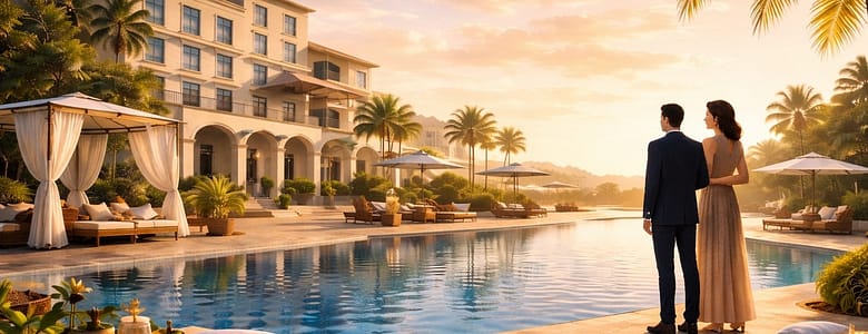 Luxury resort courtyard at sunset with guests walking toward the hotel, representing direct guest relationships and owned demand