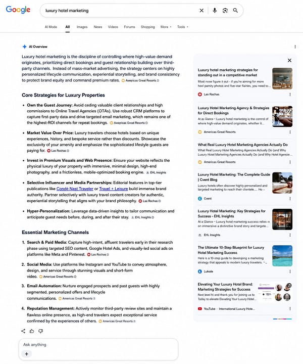 Google search for luxury hotel marketing on July 7, 2026 showing the AI Overview opening paragraph cited to Americas Great Resorts with additional body citations