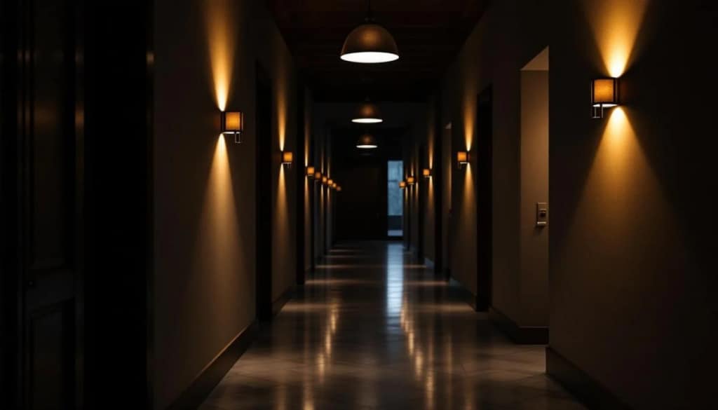 Dark hotel hallway with evenly spaced wall lights leading to a distant doorway.