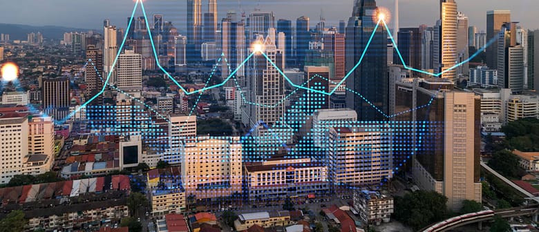 AI hotel marketing concept image showing city skyline with digital data overlay and rising performance graphs representing demand control and distribution shift.