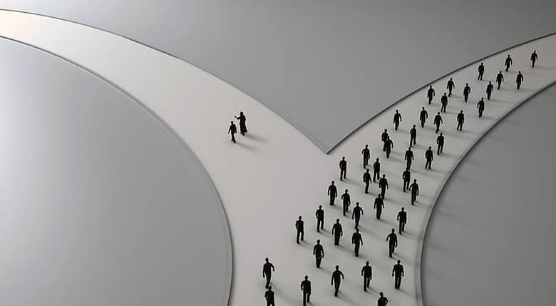 Travelers diverge at a crossroads, with the crowd following a dominant path while an alternate route represents direct brand discovery beyond marketplace demand.