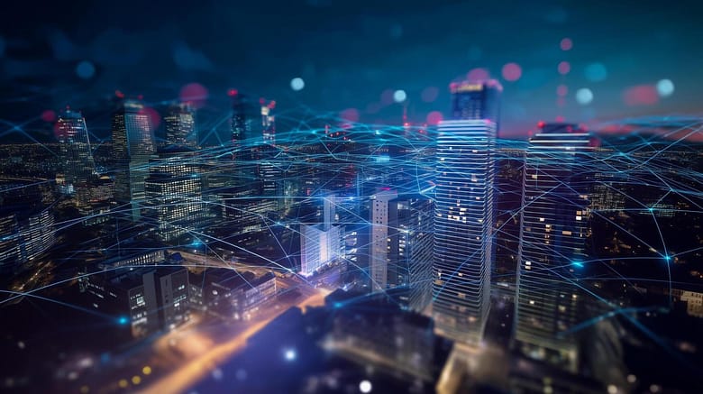 Digital infrastructure networks flowing across a modern city skyline, illustrating how demand moves through systems before businesses compete within them.