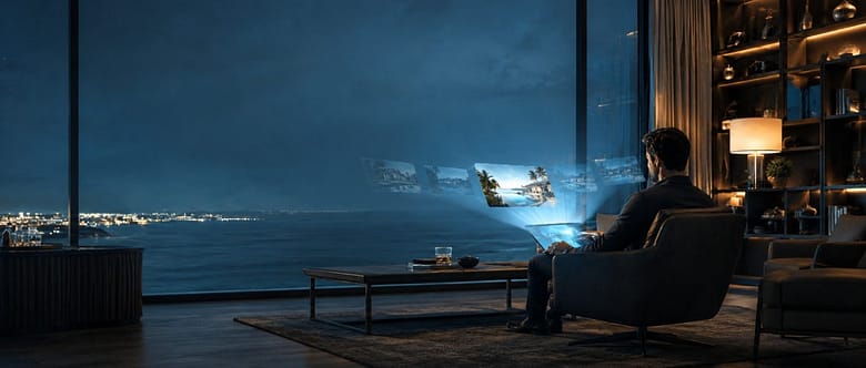 A luxury traveler reviews hotel options on a laptop late at night, with resort images projected in the air against a dark cityscape backdrop.