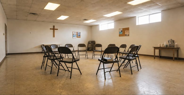 A church basement meeting room with metal folding chairs arranged in a circle, a wooden cross on the wall, and a coffee urn on a side table — the setting for a luxury hotel marketing recovery meeting nobody in the industry has the guts to attend.