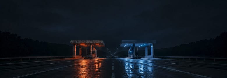 Two toll booths on the same road — the old one extracting hotel demand through OTA commission, the new one controlling it through AI discovery. Different structures. Same dependency. Same road.