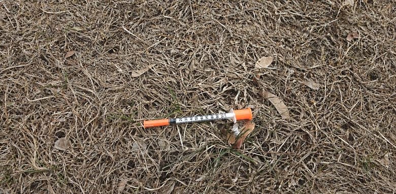 A discarded syringe lying in dead grass - the physical reality of what the luxury hotel industry left behind when it emptied the needle and kept charging for the high.