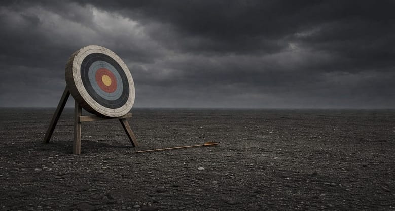 An arrow lying on the ground in front of an archery target under a dramatic stormy sky, illustrating that hotel email marketing is the most powerful tool in hospitality -- consistently aimed at the wrong audience.