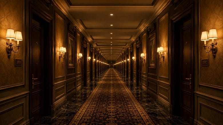 A long luxury hotel corridor extending to a vanishing point, lined with identical ornate doors, identical brass wall sconces, and identical decorative molding — every element repeating symmetrically into the distance.