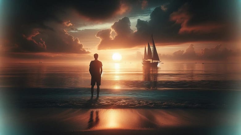 Silhouette of a traveler standing on a beach at sunset looking toward a sailboat on the horizon, symbolizing luxury cruise discovery and decision-making.