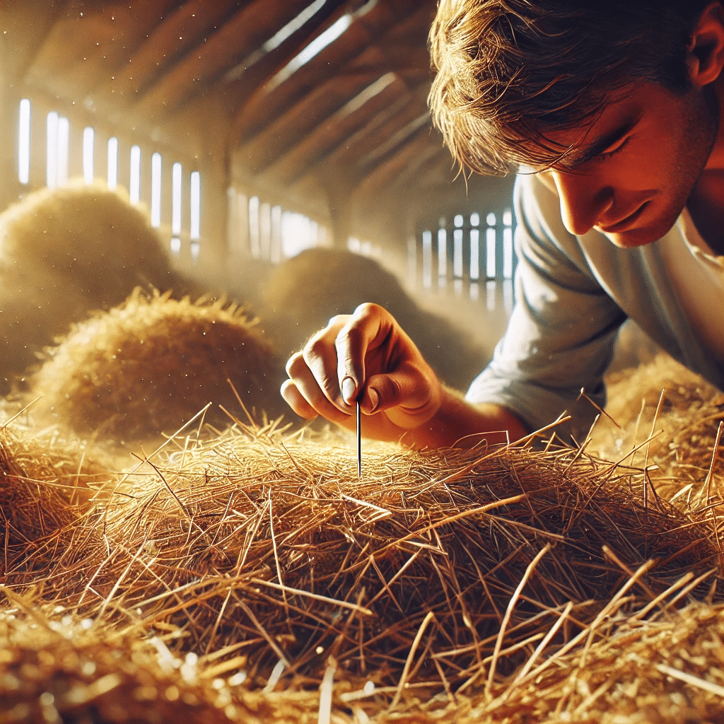 Illustration of a man holding a needle while standing in a haystack, symbolizing the challenge of finding high-value opportunities amid overwhelming data.