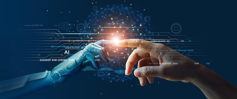 Human hand touching robotic hand, illustrating AI and LLMs reshaping luxury hotel demand creation and guest acquisition.