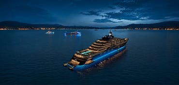 Ultra-luxury cruise yacht lit blue at anchor at night off a coastal harbor, smaller yachts in the distance