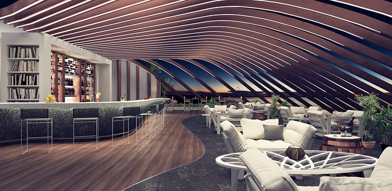 Interior view of a sleek, modern luxury hotel lobby