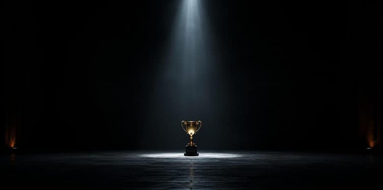 A single gold trophy lit by a spotlight on an empty dark stage.