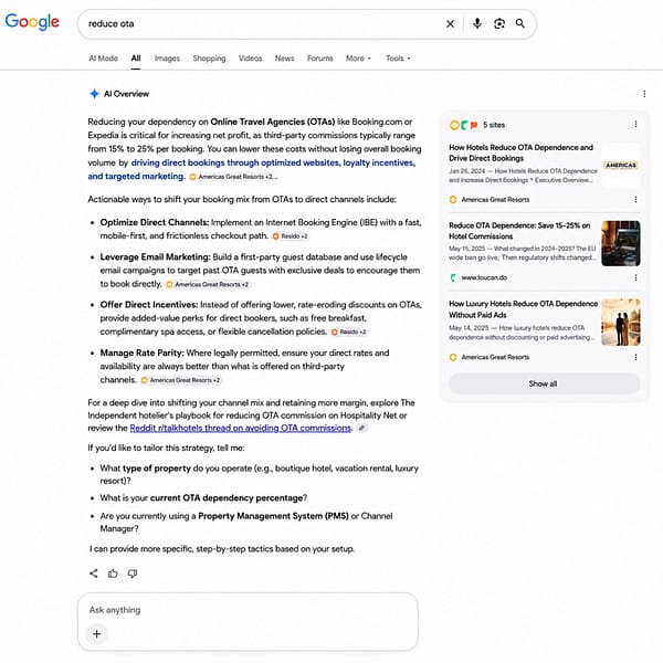 Google search for reduce ota on July 7, 2026 showing the AI Overview opening citation and source panel positions held by Americas Great Resorts