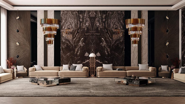 Elegant luxury hotel lobby with sculptural chandeliers, marble accent walls, neutral sofas, and mirrored coffee tables arranged in a symmetrical high-end interior.